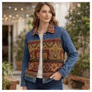 Vintage Coldwater Creek Boho Tapestry Denim Jacket Art to Wear Southwestern Med